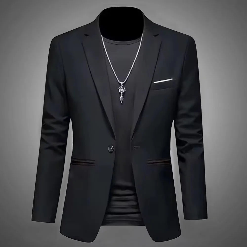 Mens Slim Fit Casual Suit Jacket Single Button (Black)