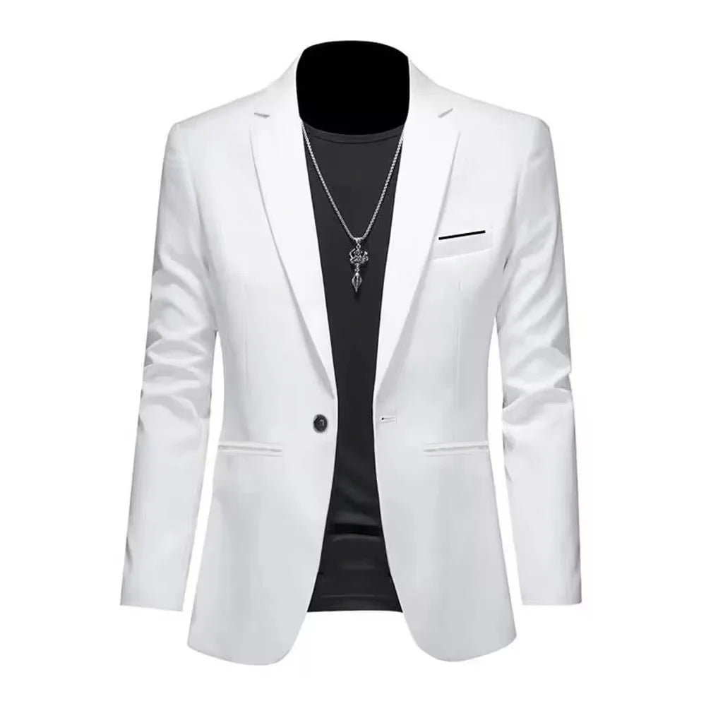 Mens Slim Fit Casual Suit Jacket Single Button (White)