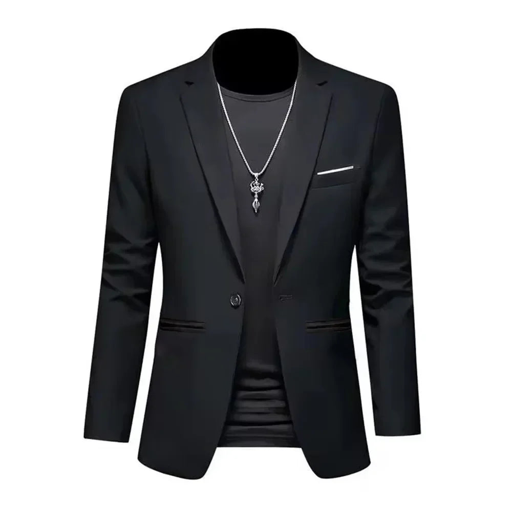 Mens Slim Fit Casual Suit Jacket Single Button (Black)