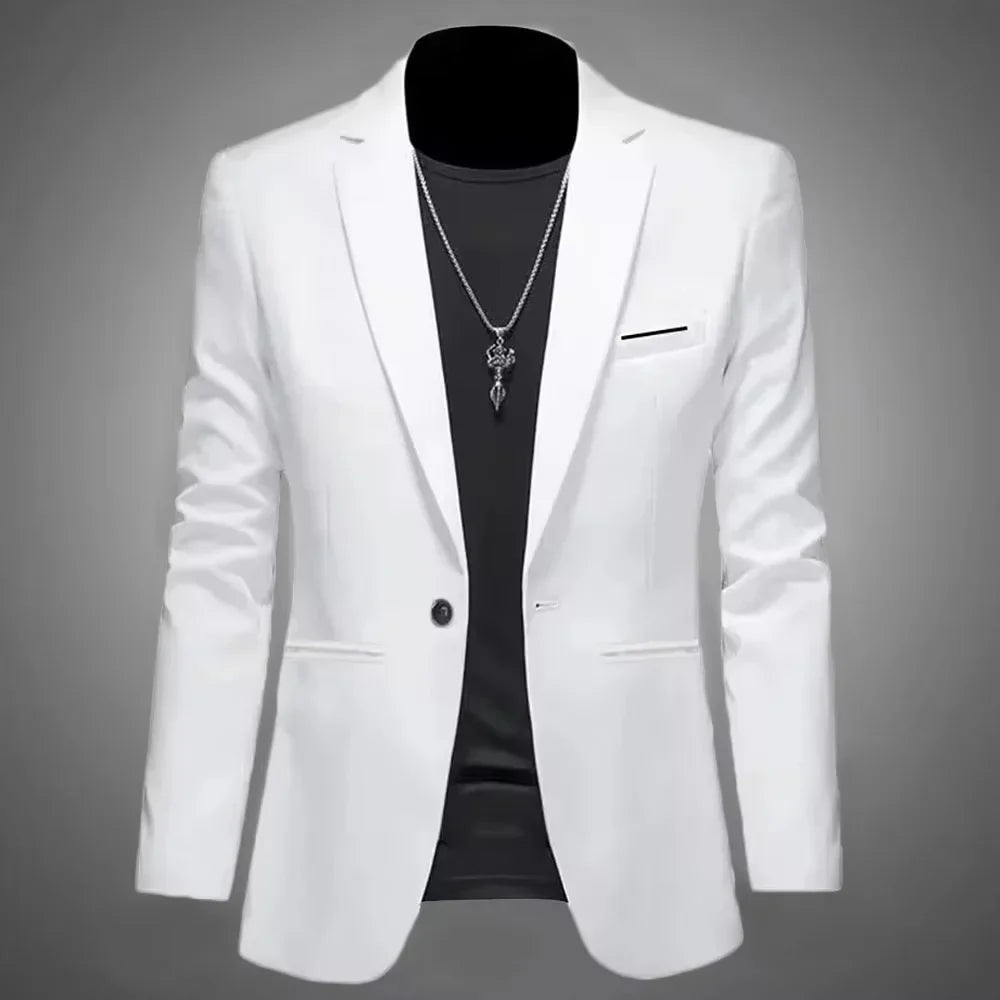 Mens Slim Fit Casual Suit Jacket Single Button (White)